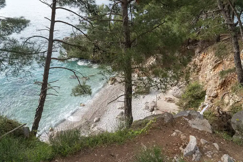 A quiet pebble cove with turquoise water framed by pines on the coast near Bar