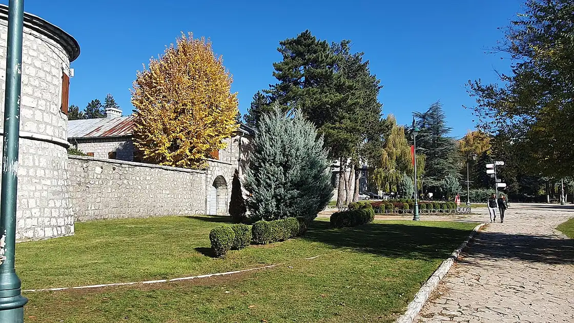 A street of low historic buildings in Cetinje, the old royal capital of Montenegro