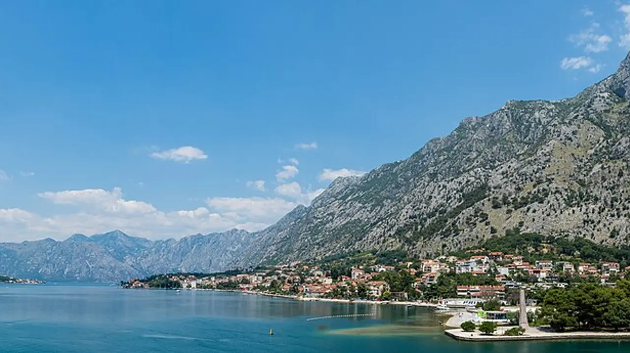 Panorama of the Bay of Kotor with the old town at the head of the fjord-like bay, Montenegro