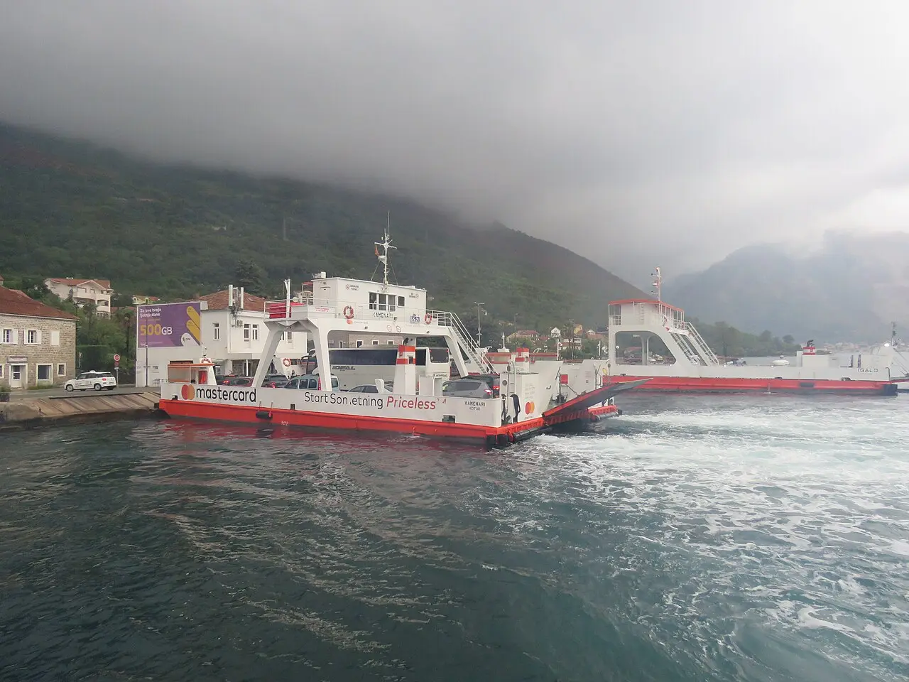 The Kamenari to Lepetane car ferry crossing the narrows of the Bay of Kotor