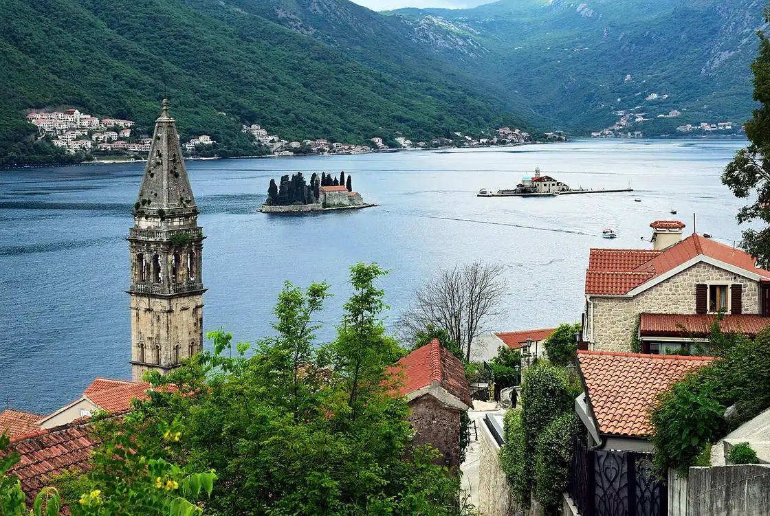 The two islands off Perast — Our Lady of the Rocks and St George — in the Bay of Kotor