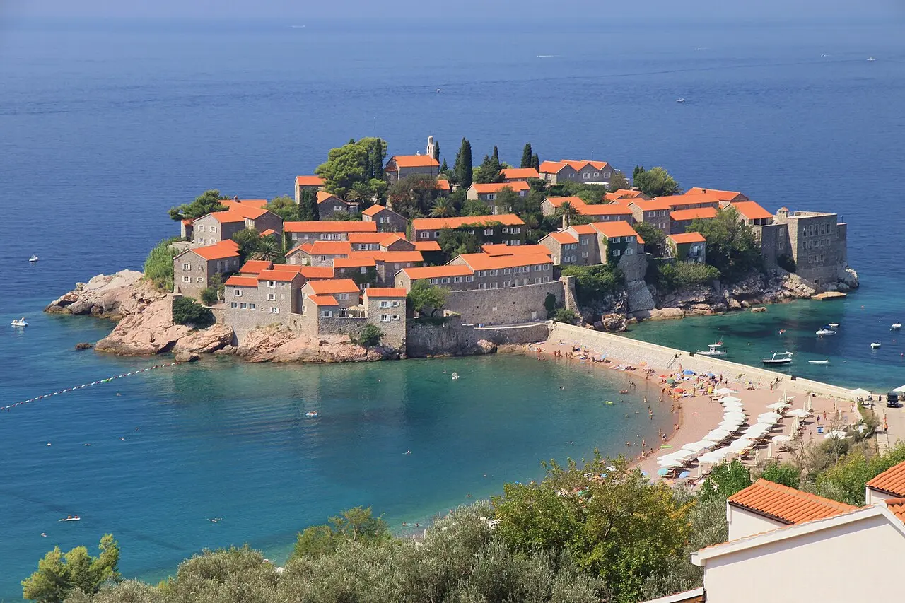 The fortified islet of Sveti Stefan linked to the shore by a narrow causeway