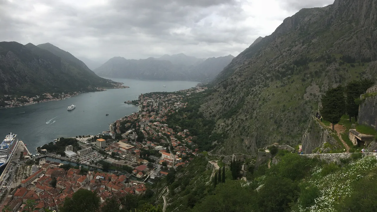 The Bay of Kotor seen from above the old town, the water winding away between the mountains