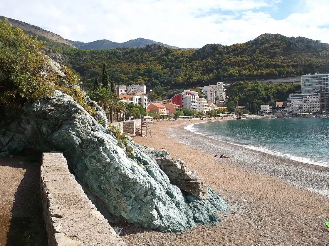 Elevated view of Bečići resort and beach from the hillside inland
