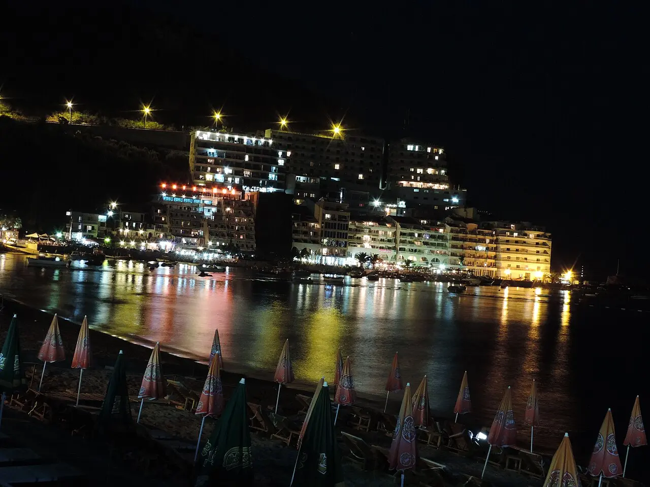 Seafront promenade and beach cafes along Bečići with mountains inland