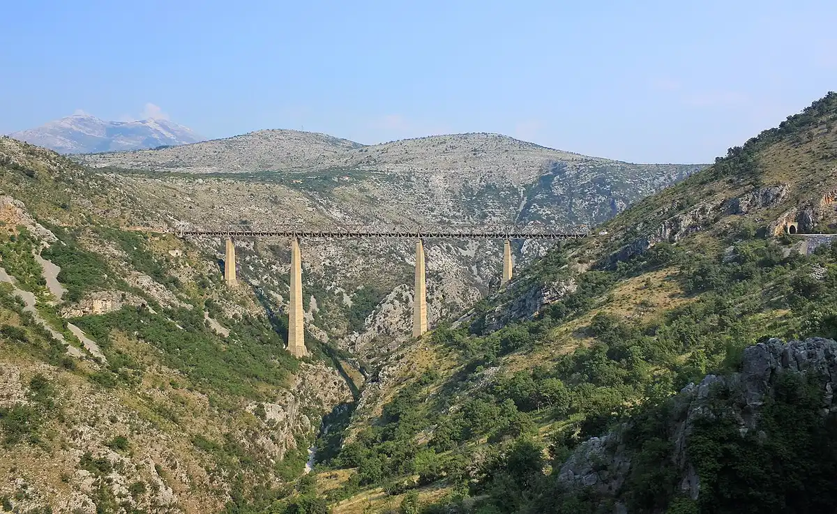 Side view of the high steel Mala Rijeka viaduct above the canyon in Montenegro