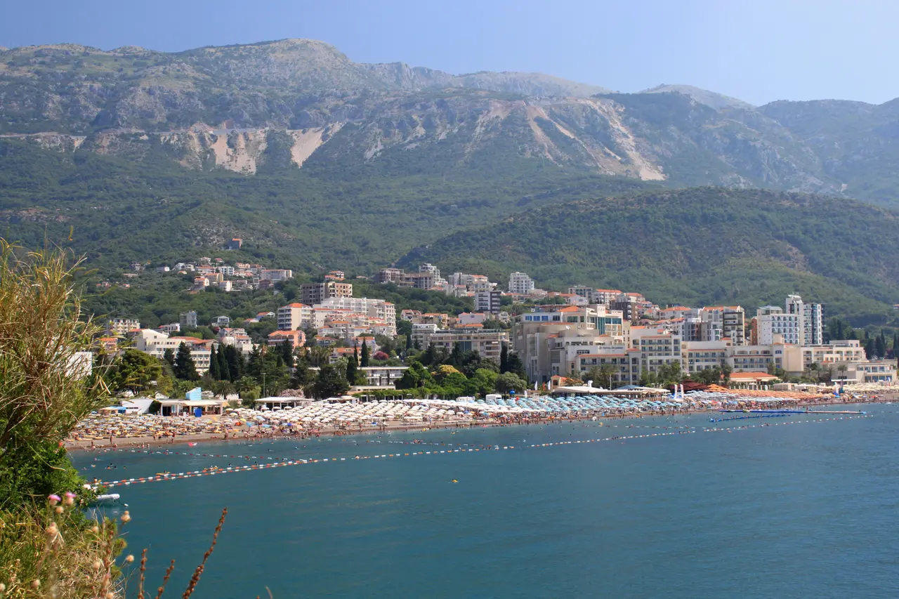 The long resort beach at Bečići lined with umbrellas, hotels and mountains behind
