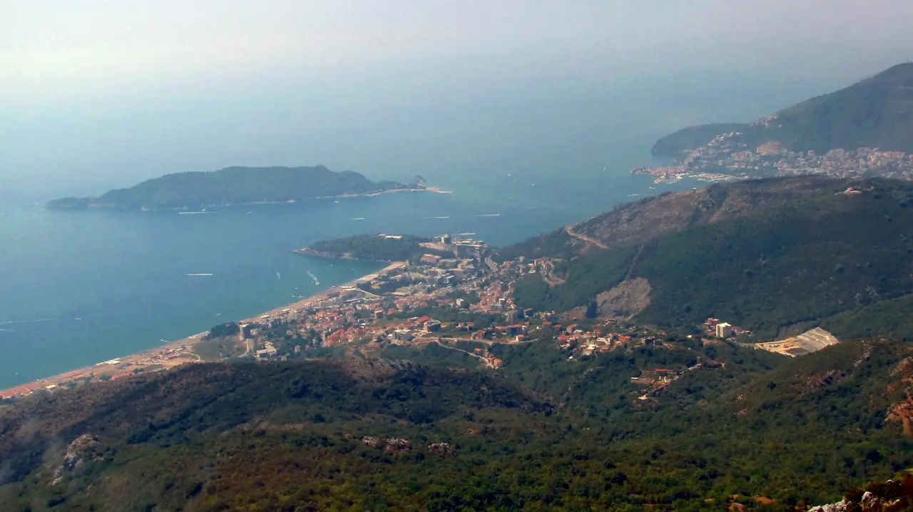 Aerial view over the Budva Riviera coastline and the long Bečići beach, Montenegro