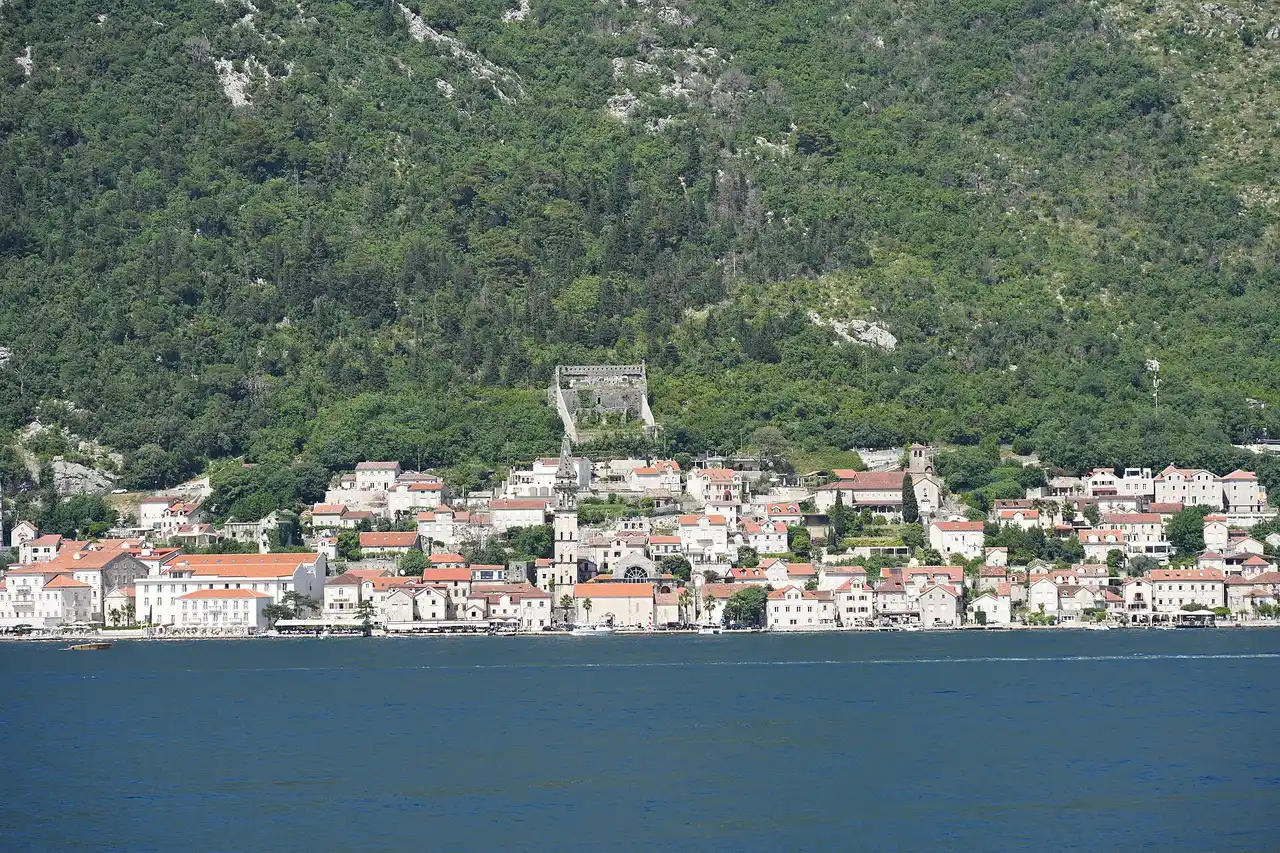 Perast waterfront and the Bay of Kotor with its twin islands, Montenegro