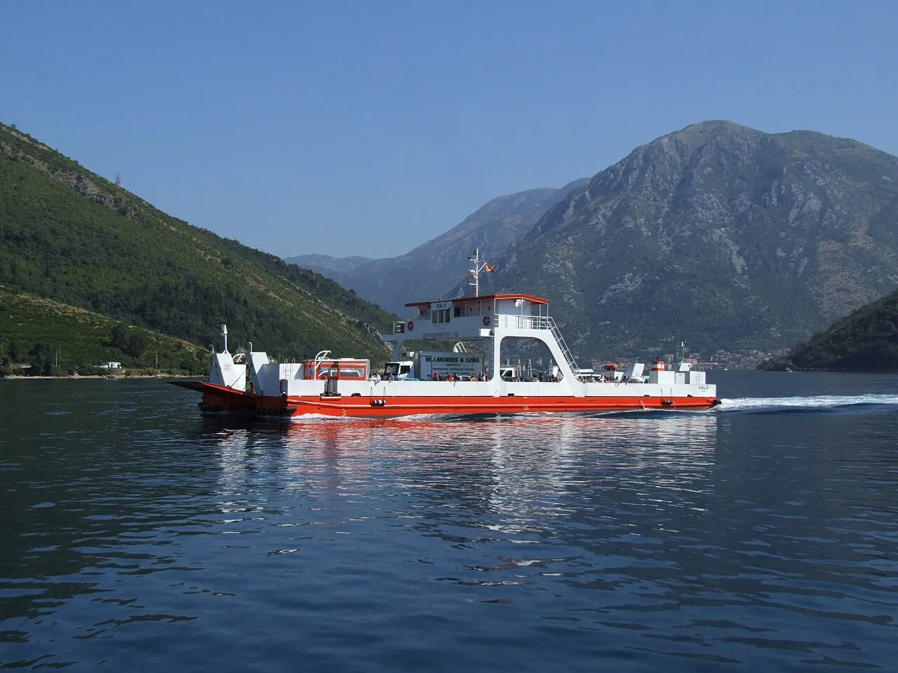 Car ferry crossing the Bay of Kotor toward Kamenari