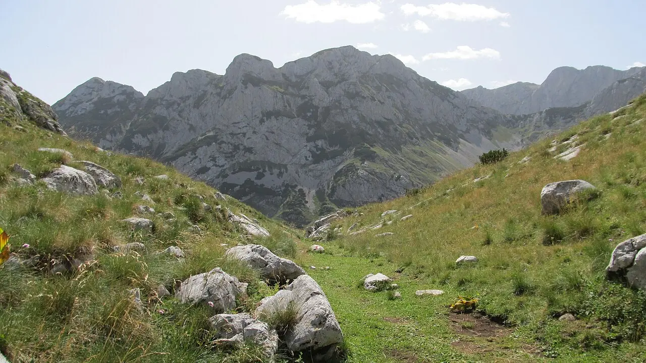Trail junction signposts for Lokvice, Minin Bogaz, Bobotov Kuk and Ledena pećina in Durmitor