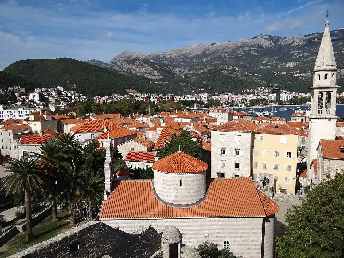 Stone buildings and rooftops in Budva Old Town, Montenegro