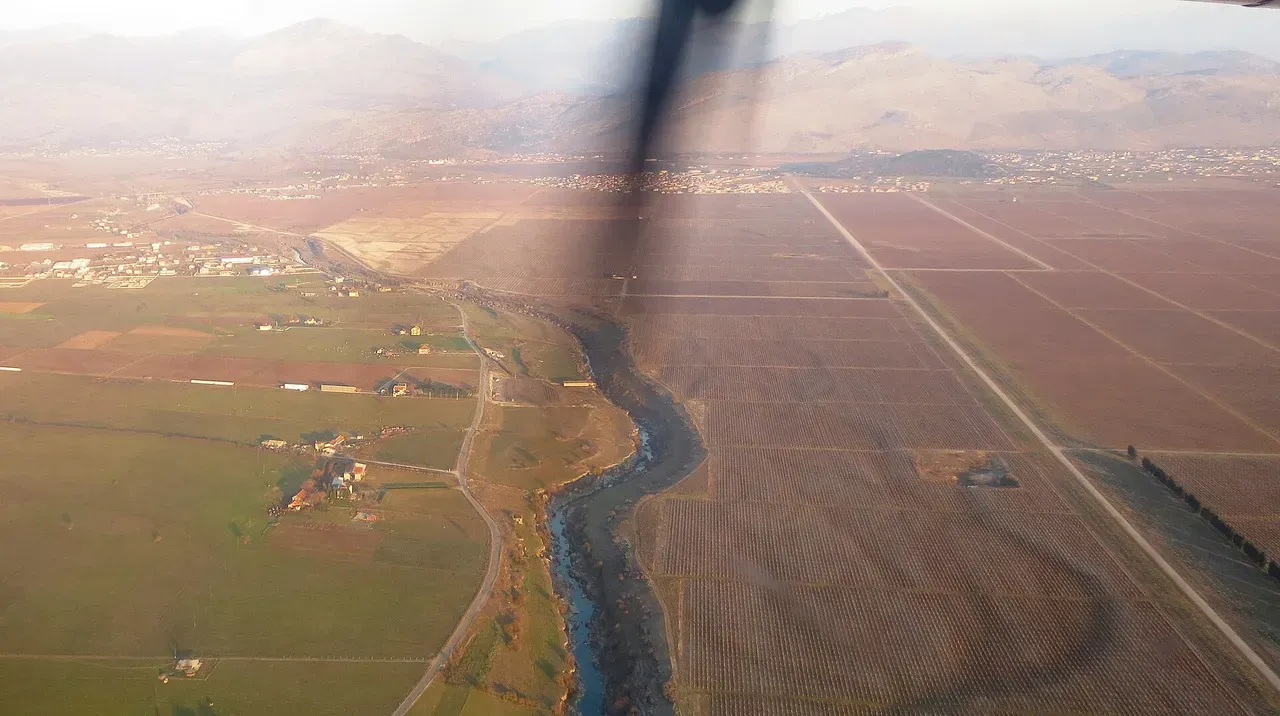 Vineyards near Tuzi with the Cijevna river below, on the road south of Podgorica toward the Albanian border