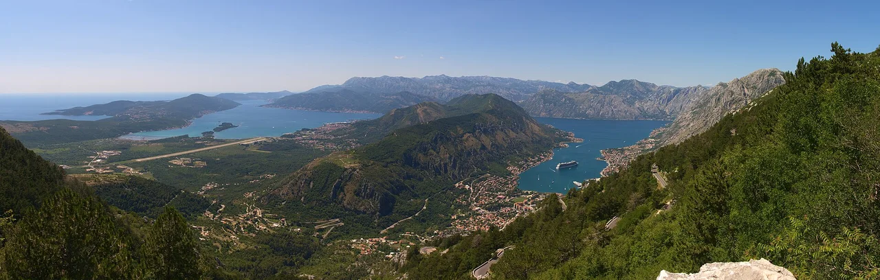 Panorama of the Bay of Kotor from Mount Lovcen, with the Tivat runway on the left and Kotor on the right