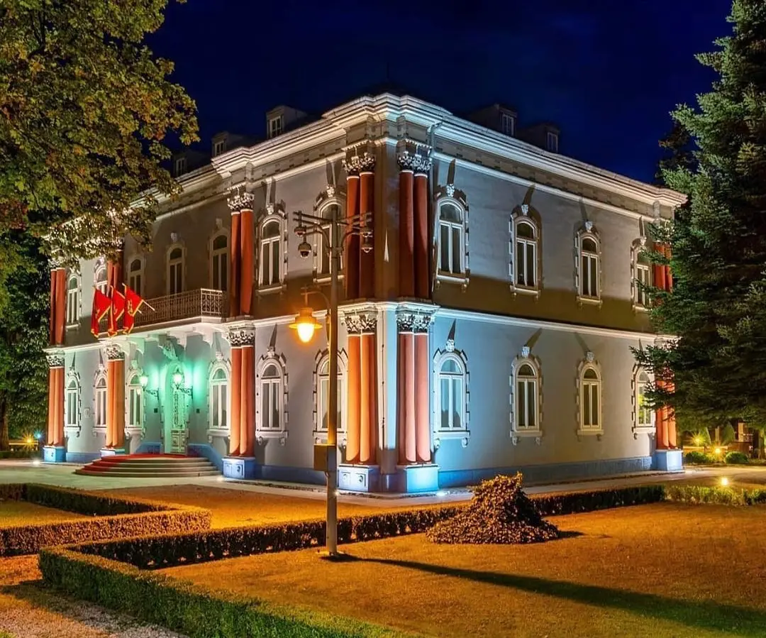 The Blue Palace in Cetinje floodlit at night, an ornate 19th-century residence