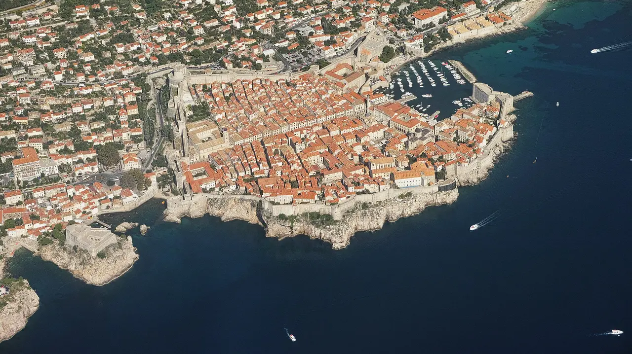 Aerial view of the walled Old Town of Dubrovnik on its rocky headland, Croatia
