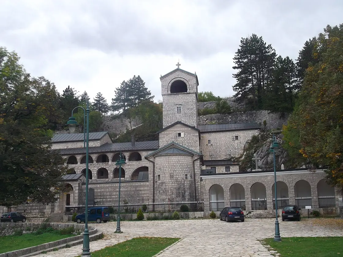 The monastery and low historic buildings of Cetinje, the old royal capital of Montenegro