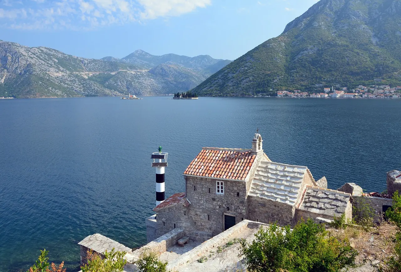 The Bay of Kotor seen from across the water, the base for day trips around Montenegro
