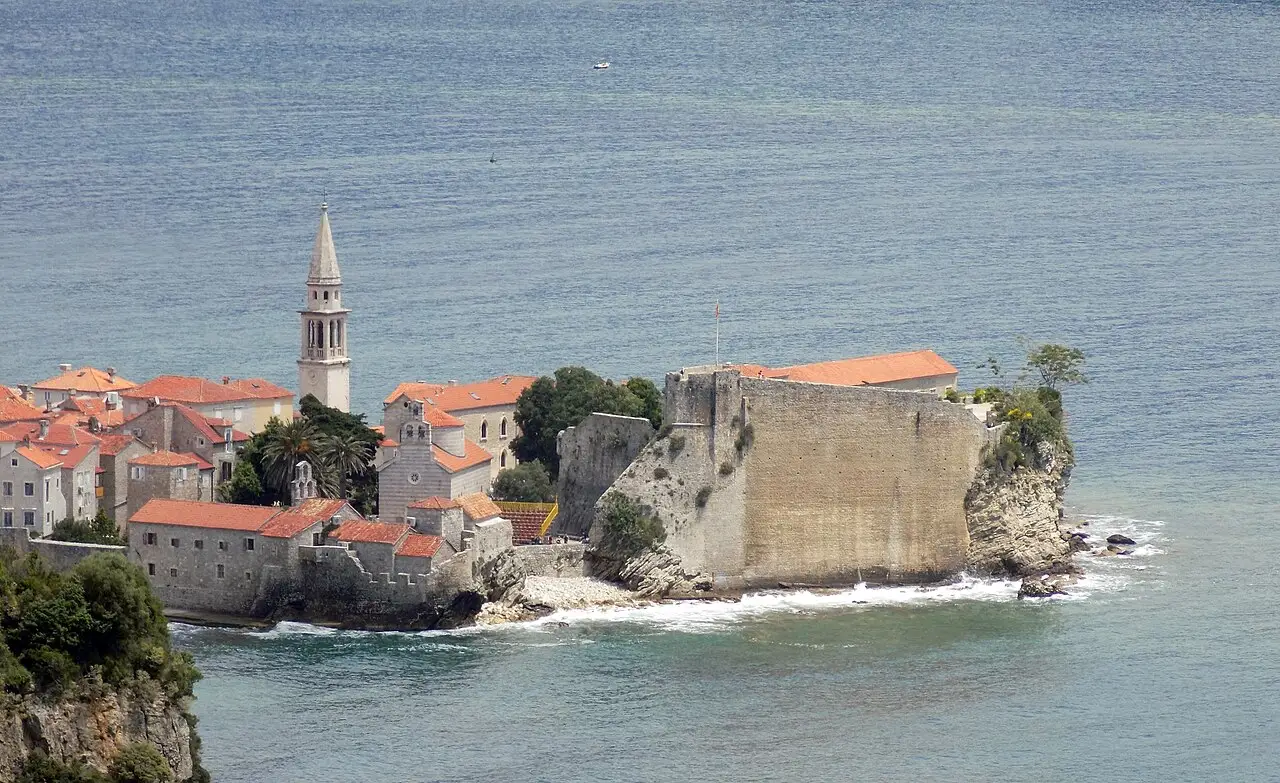 Coastal view from Fort Mogren above Budva with the Adriatic beyond