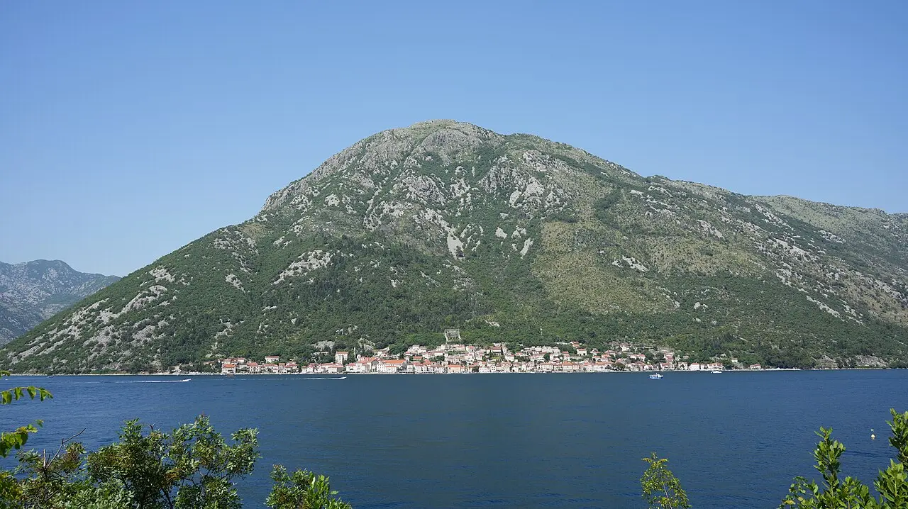 The Bay of Kotor with Perast and its two islets seen from the coastal road, Montenegro