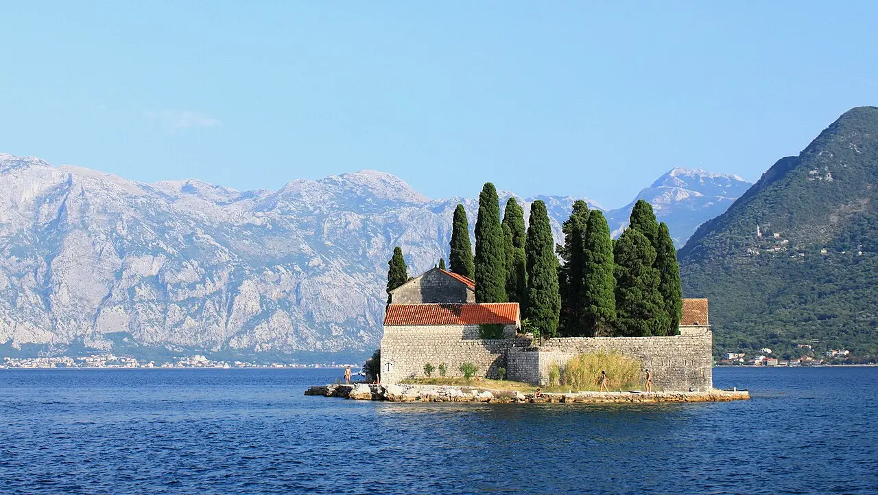 The islet of Saint George off Perast in the Bay of Kotor, Montenegro