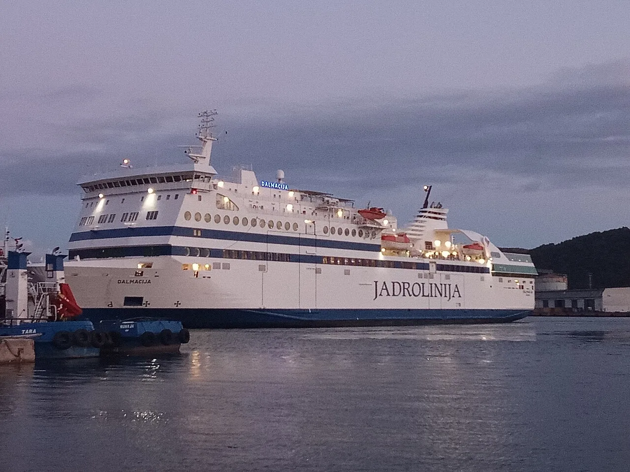The Jadrolinija ferry Dalmacija berthed at the Port of Bar, Montenegro, at dusk