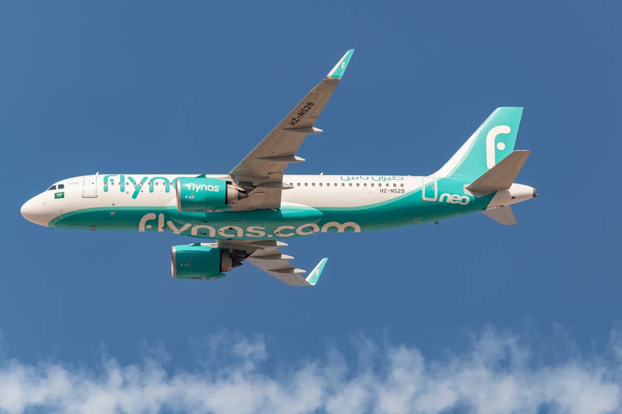 Самолёт Airbus A320neo авиакомпании flynas в зелёно-белой ливрее