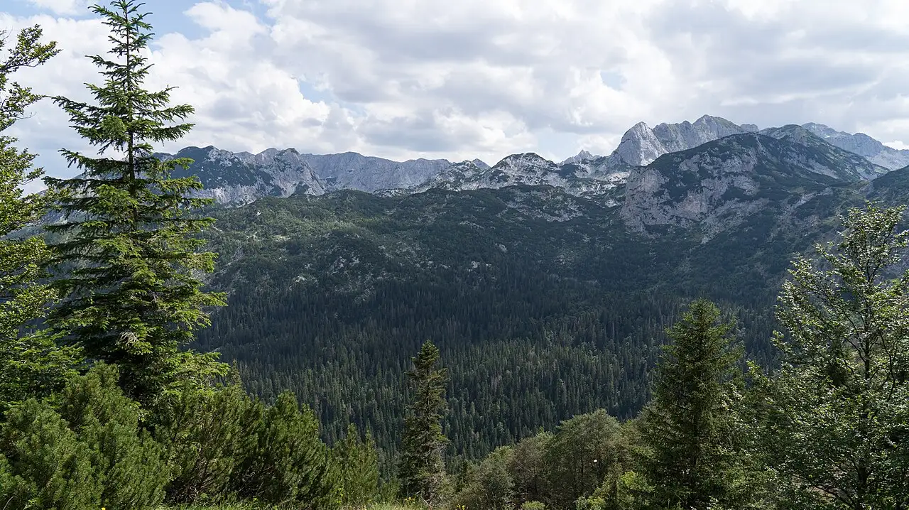 Limestone peaks and alpine meadows of Durmitor National Park under summer cloud