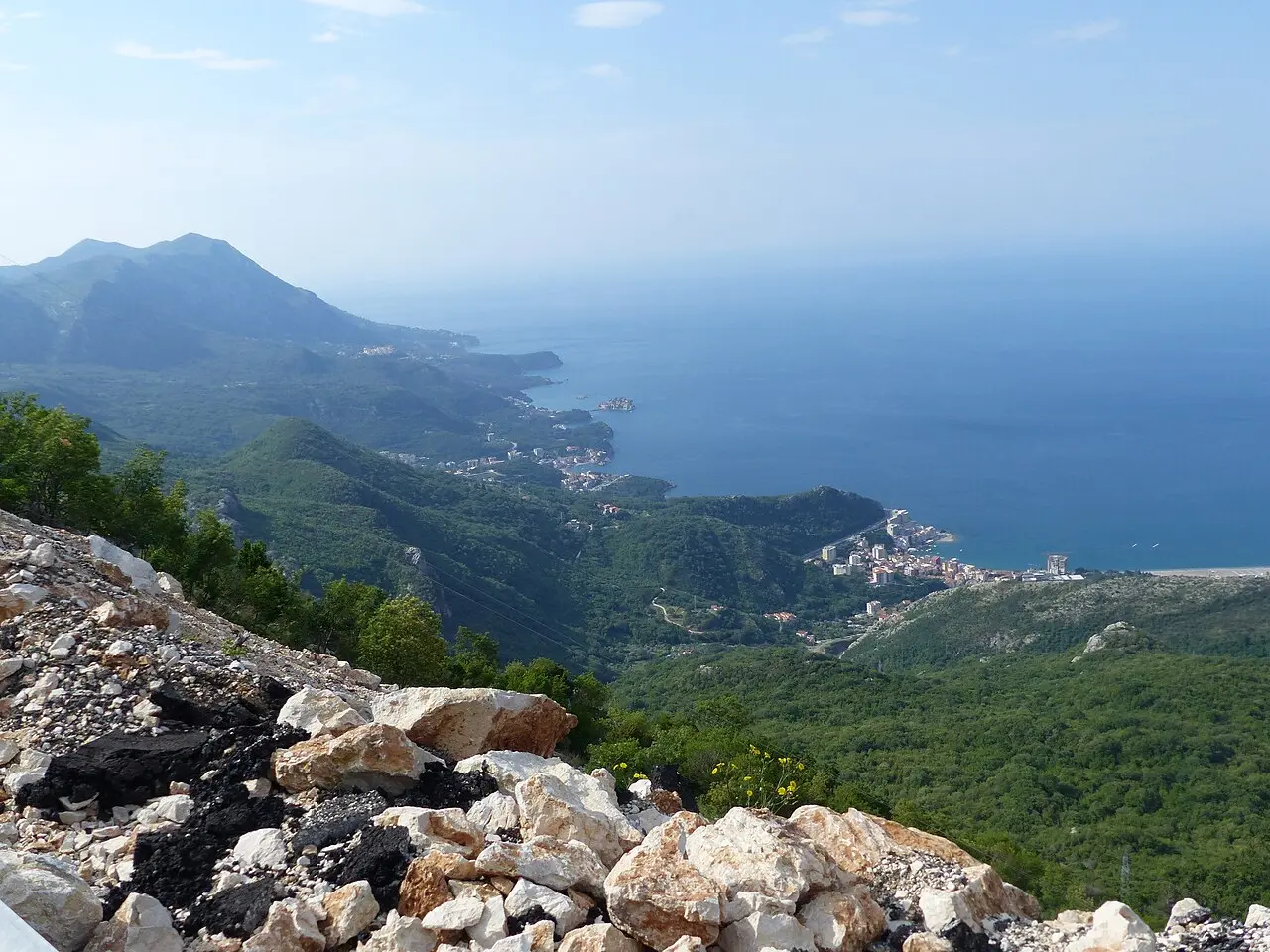 View over the green Budva Riviera coastline toward Sveti Stefan, Montenegro