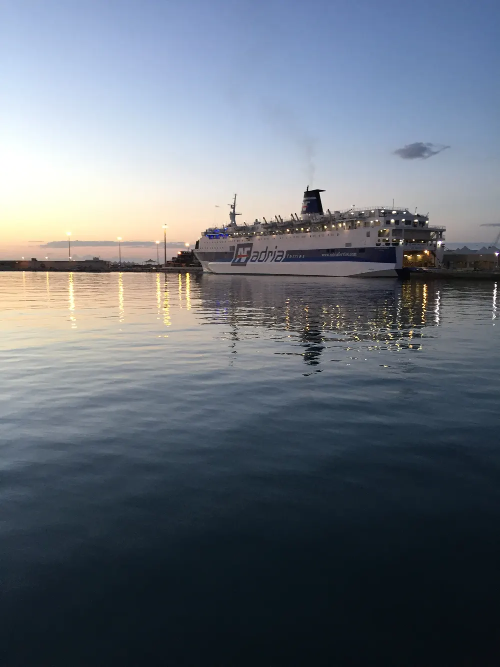 The Adria Ferries ship AF Francesca moored in the harbour at Bari, Italy, at dusk