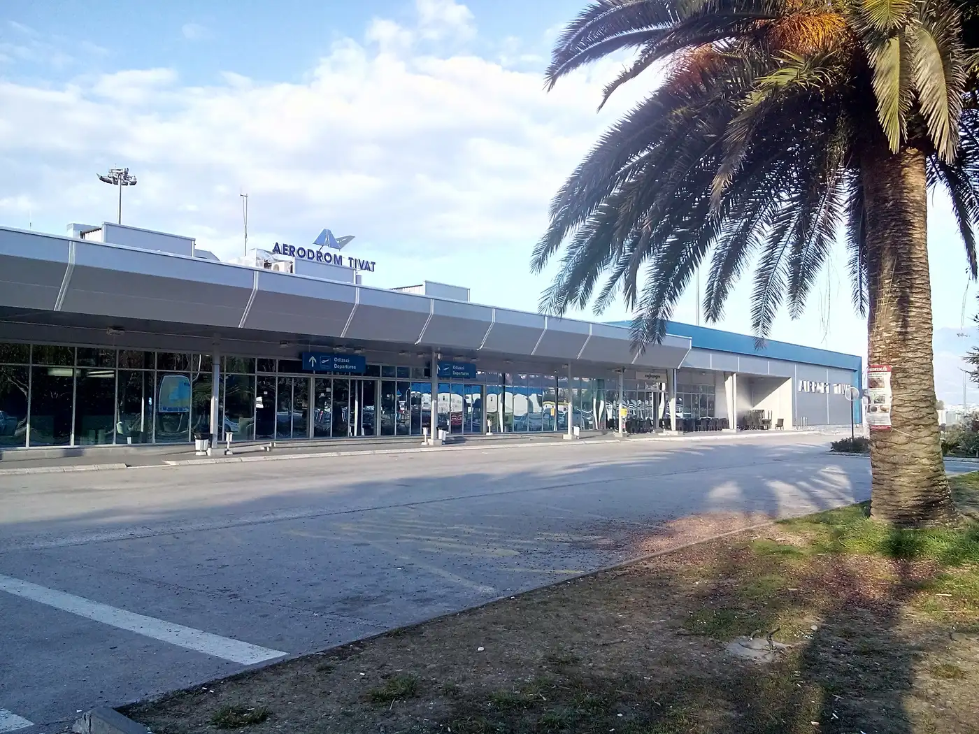 The departures entrance at Tivat Airport, with the airport's sign and a palm tree out front
