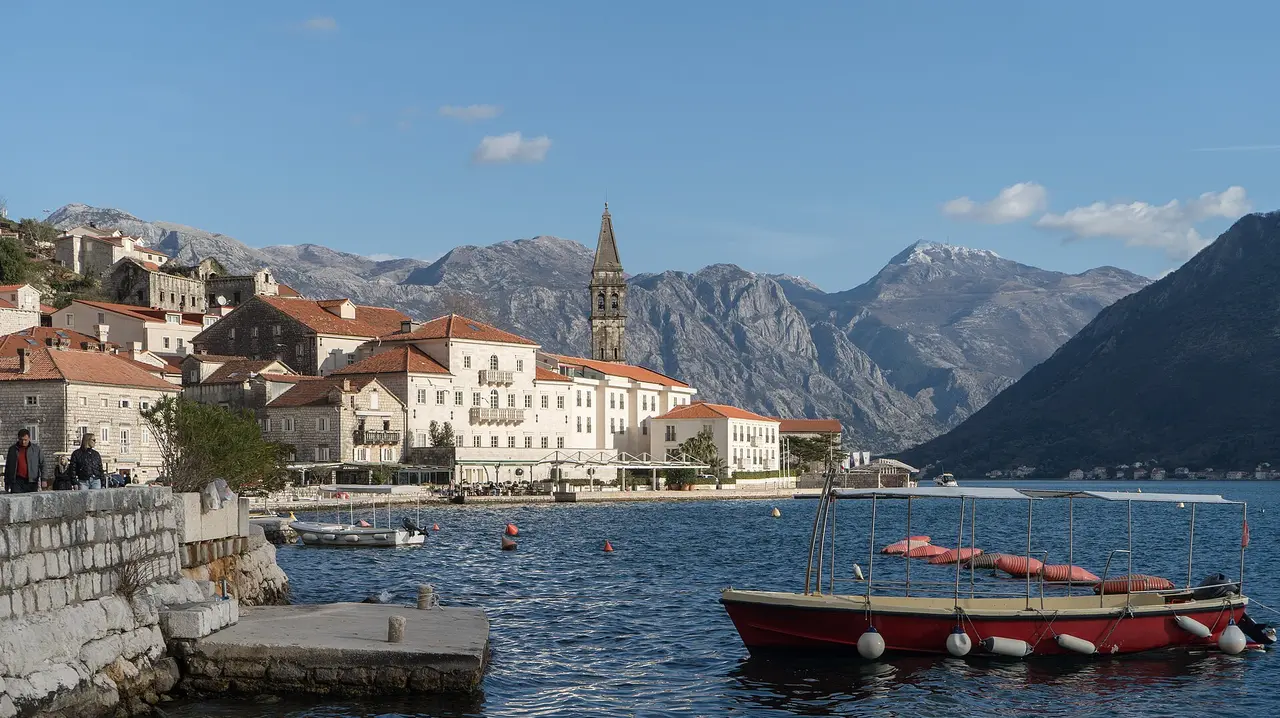 The calm bay town of Perast on the Bay of Kotor, Montenegro, with historic stone houses