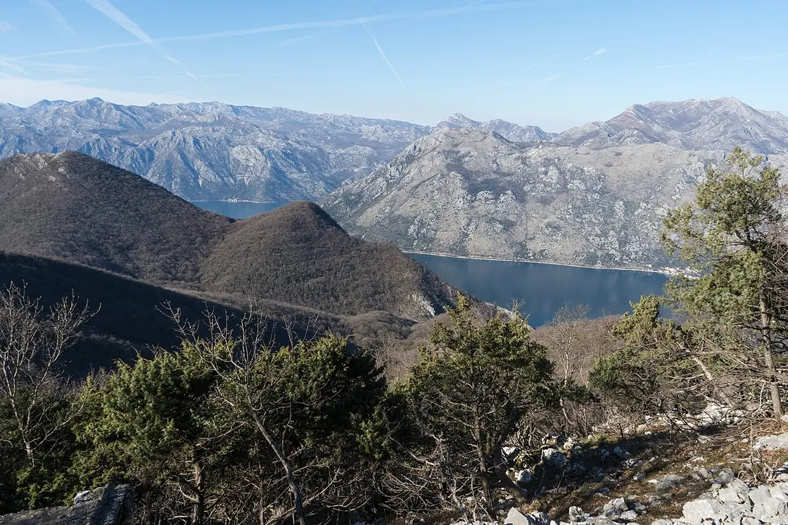 The Bay of Kotor seen from Vrmac mountain, steep green slopes falling to deep blue water with settlements along the shore