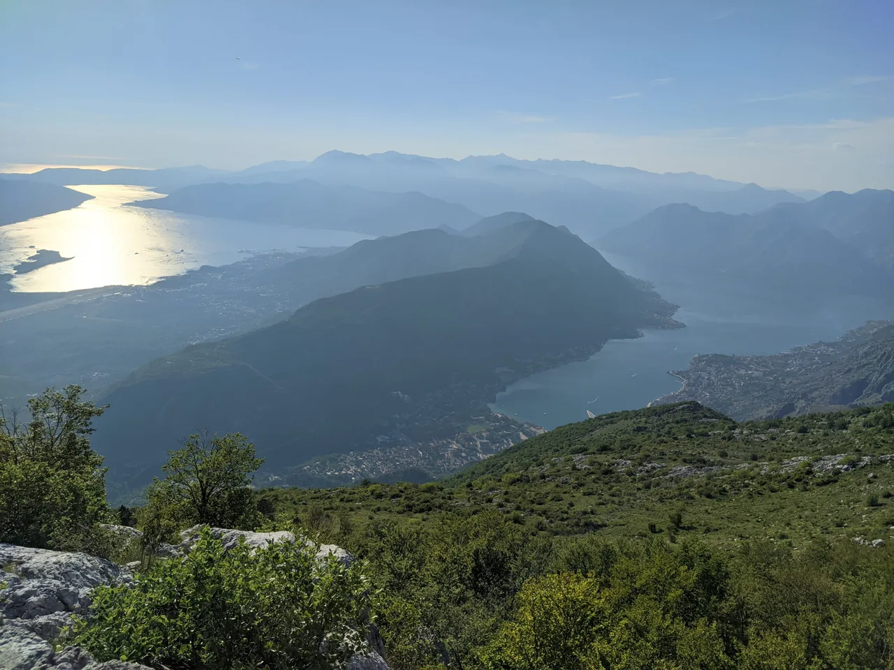 The Bay of Kotor and the Adriatic seen from high on the Lovcen massif with sunlight on the water