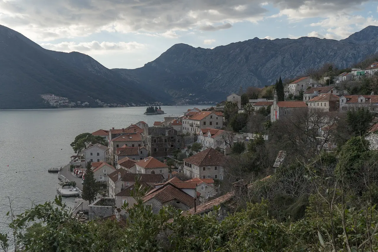 Perast and its two islets seen from the hillside above the Bay of Kotor, Montenegro