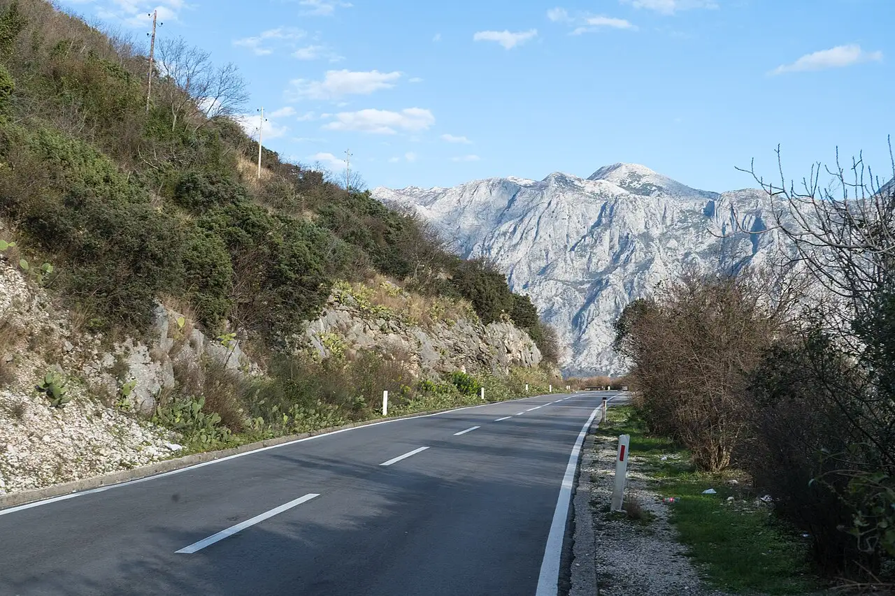 Narrow coastal road along the Bay of Kotor between Perast and Dobrota, on the route north to Croatia