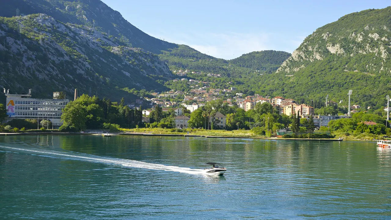View across the Bay of Kotor towards the green slopes above Skaljari