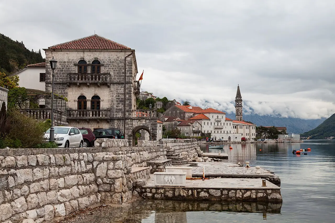Stone waterfront houses in Perast on the Bay of Kotor