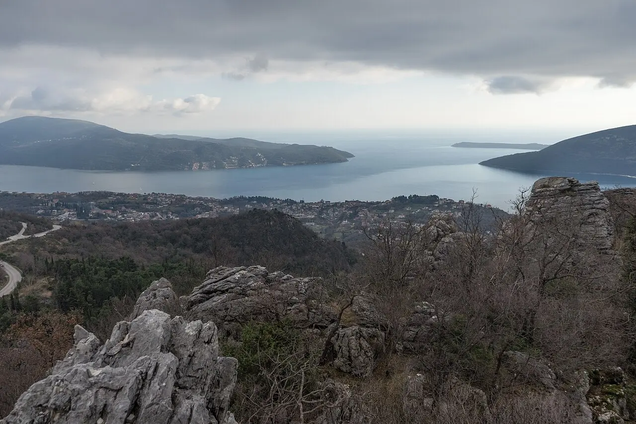 The mouth of the Bay of Kotor and Herceg Novi seen from Gručalica peak above the town