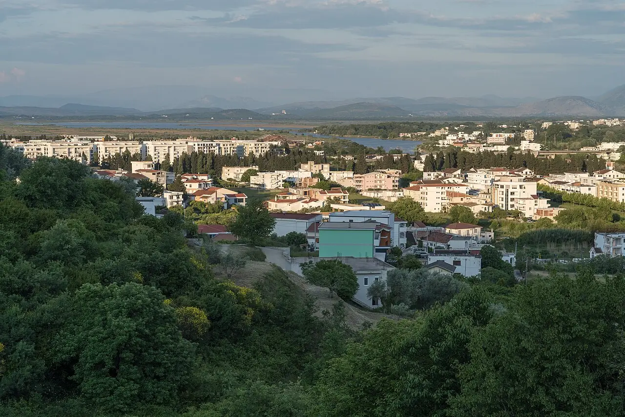 View over Ulcinj town towards the Bojana wetlands and the distant Albanian mountains