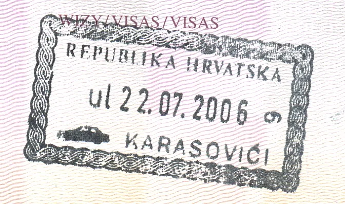 A Croatian entry stamp reading Republika Hrvatska Karasovici dated 22 July 2006 in a passport