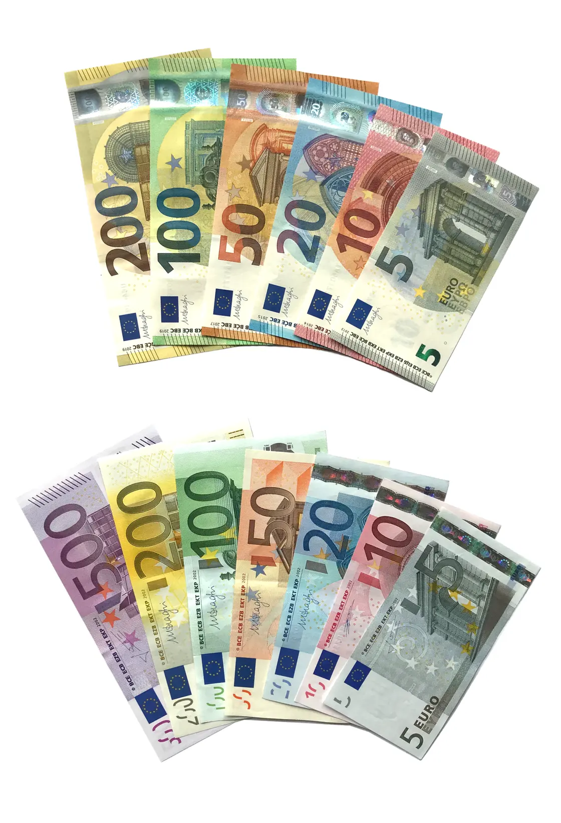 Euro banknotes from 5 to 500 fanned out, both the older and newer series