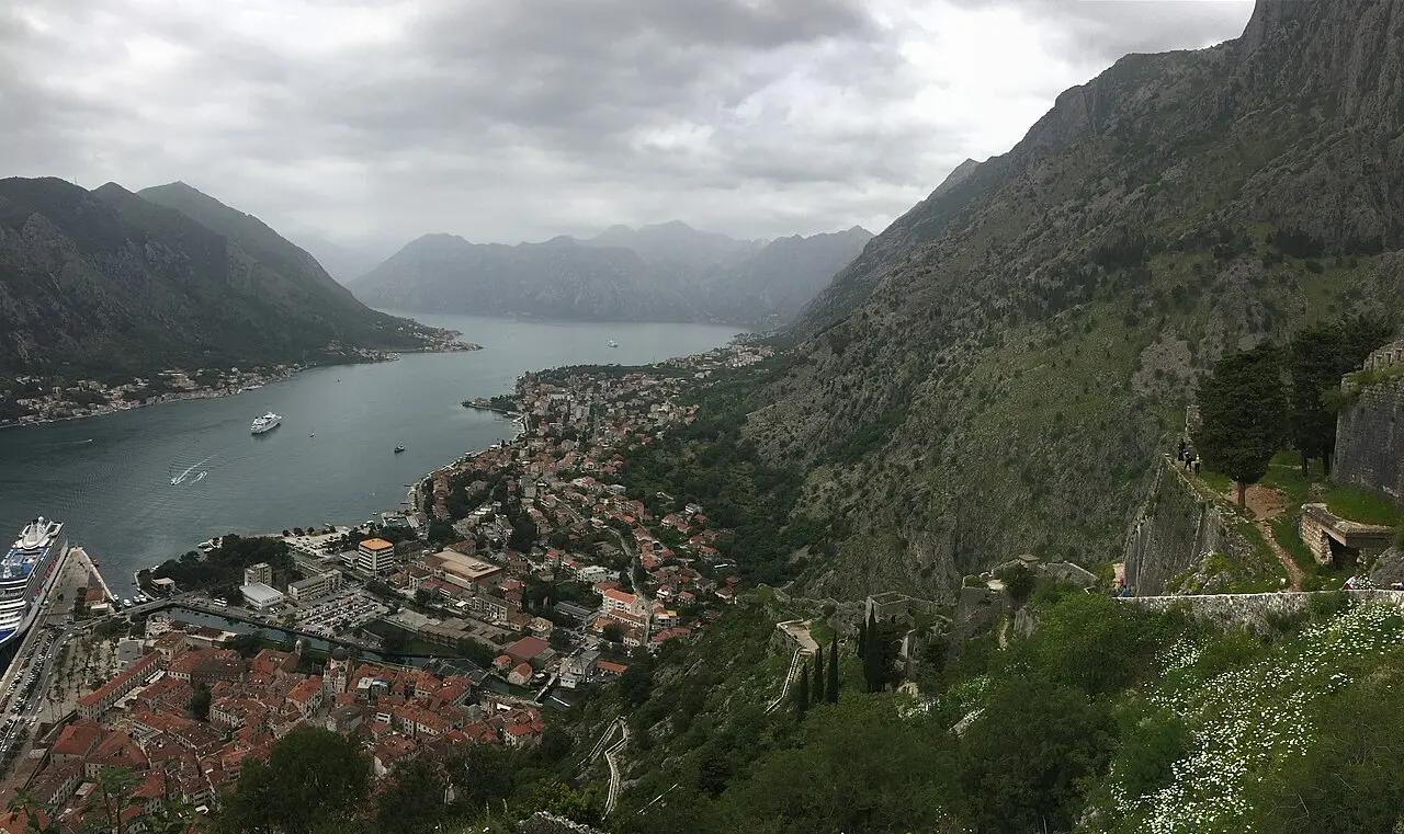 Kotor old town and fortress walls above the port on the Bay of Kotor, Montenegro
