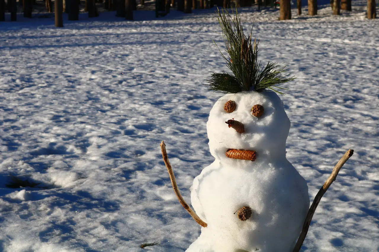 A snowman built of packed snow with pine cones for eyes standing in a snow-covered pine forest at Ivanova Korita on Lovcen