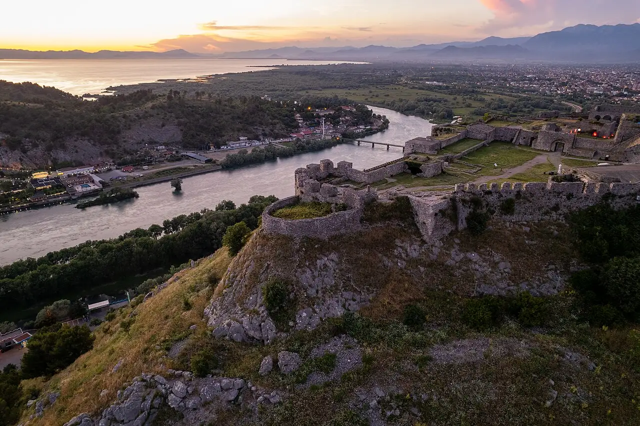 Lake Shkodra and the Buna river seen from Rozafa Castle above Shkodër