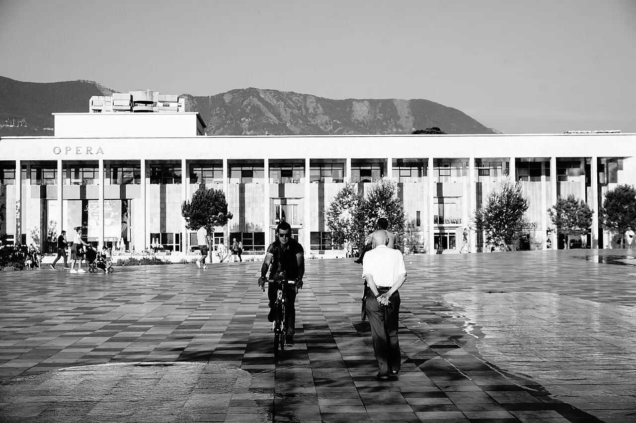 Skanderbeg Square in central Tirana on a clear day