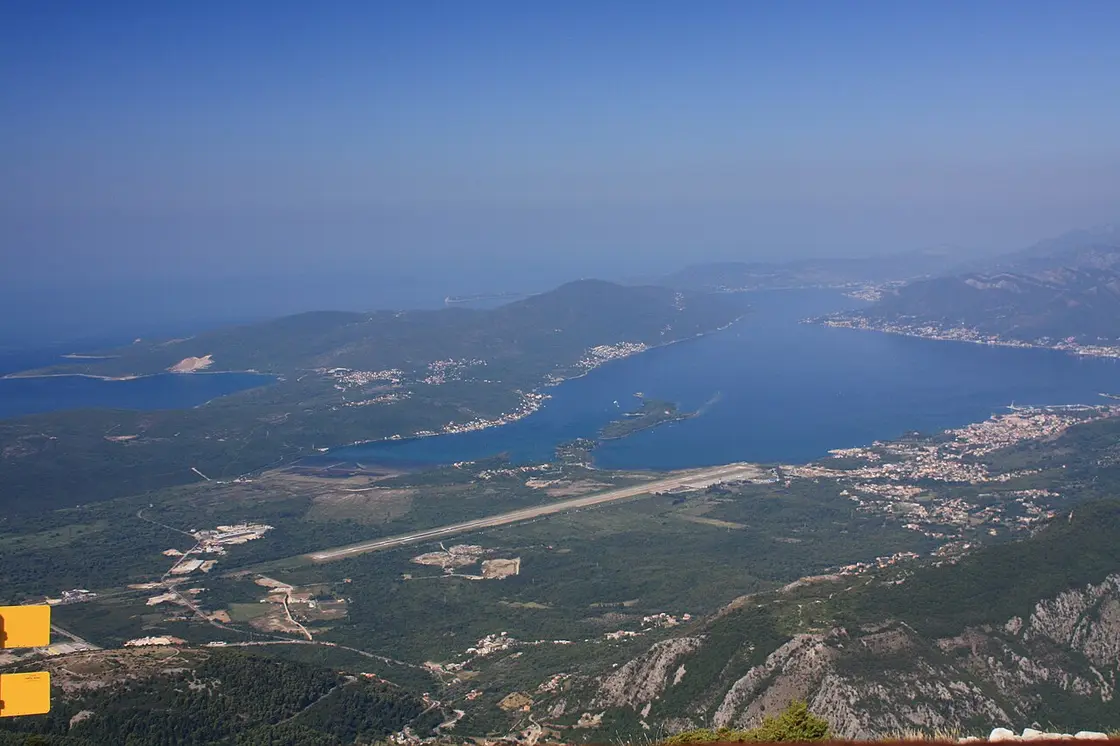 Aerial view from the mountains of Tivat Airport's runway on the Bay of Kotor, Montenegro