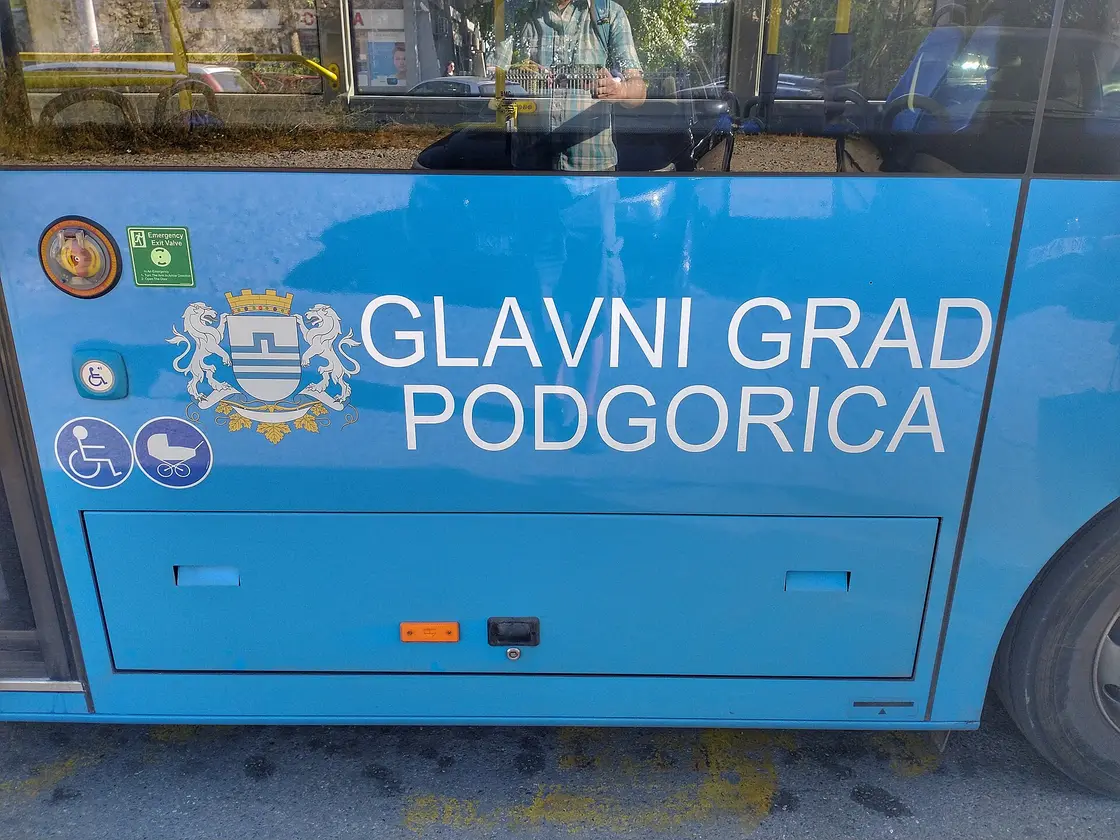 A public bus at a stop in Podgorica, the capital of Montenegro