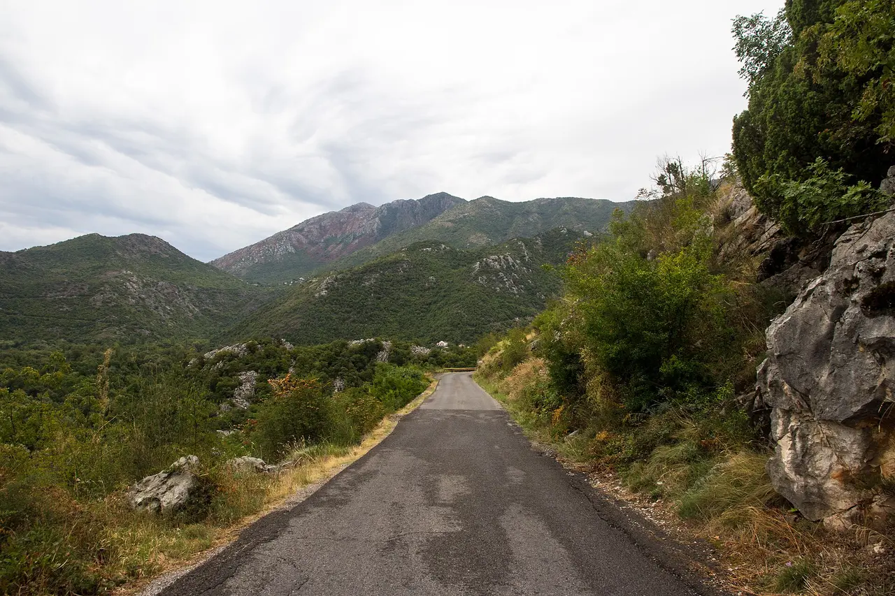 A narrow asphalt road curving through the green Crmnica hills above Lake Skadar, Montenegro