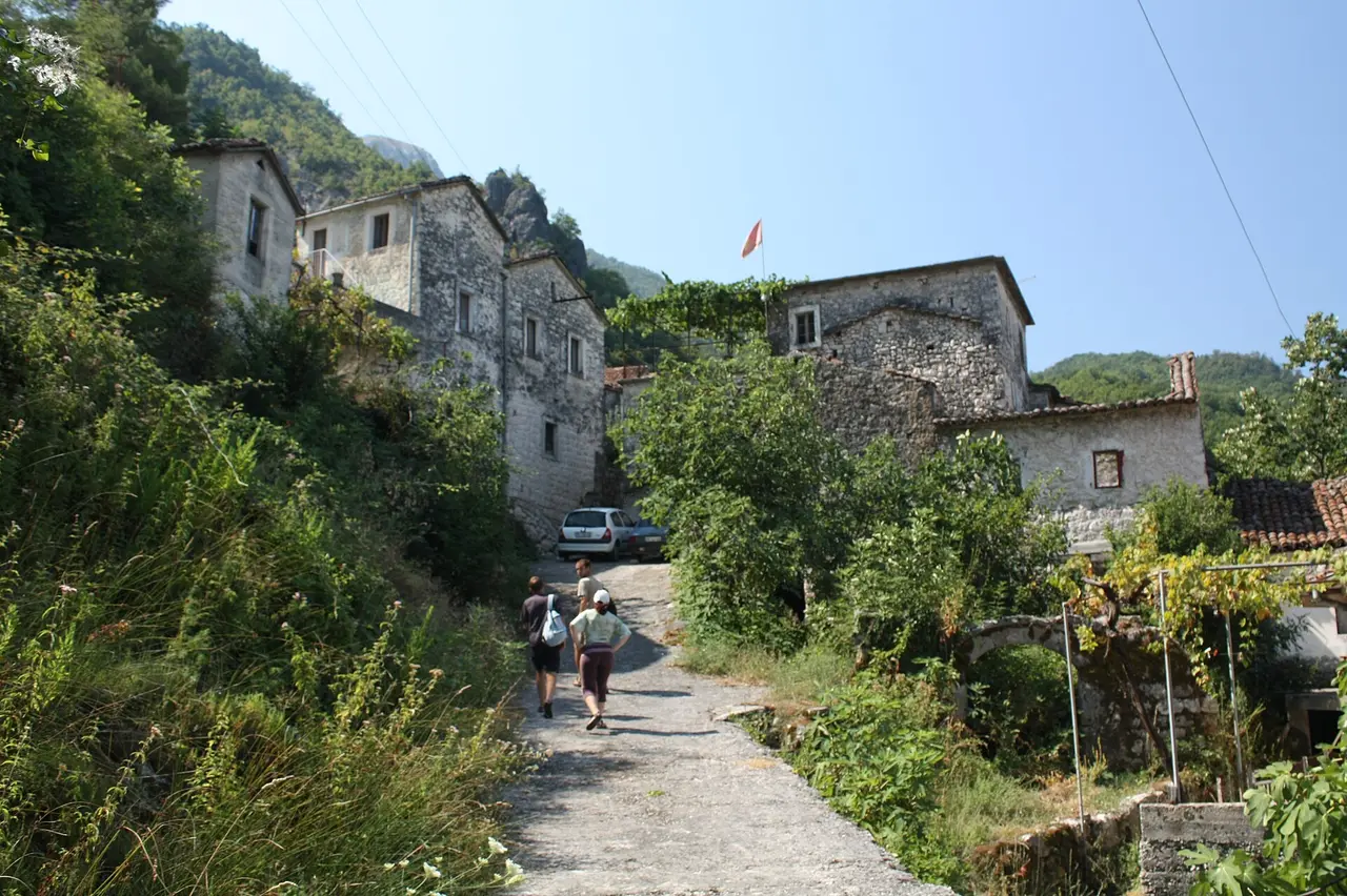 Stone houses with vine pergolas on the hillside lane through Godinje village above Lake Skadar